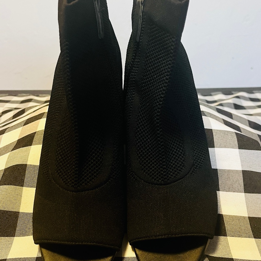 Black Knit Peep-Toe Ankle Booties with Textured Fabric